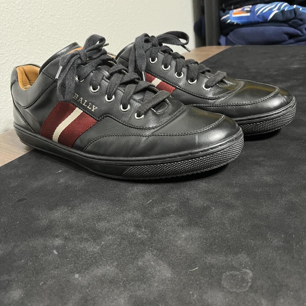 Bally Leather Stripe Shoes Mens Size 12 Black Red Low Top Sneakers ORIANO-NEW